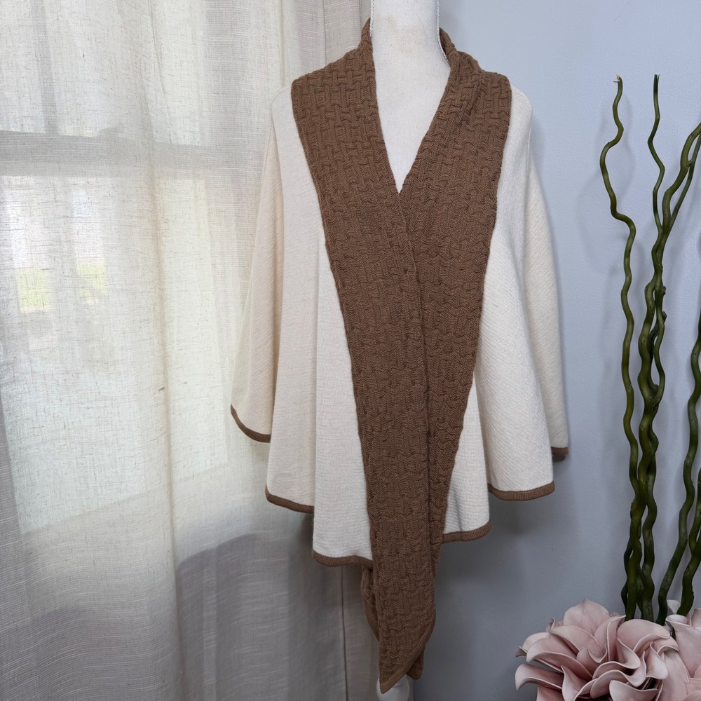 NWT Simply Natural 100% Baby Alpaca Knit Poncho Shawl Wrap Peru Cream Brown‎ OS